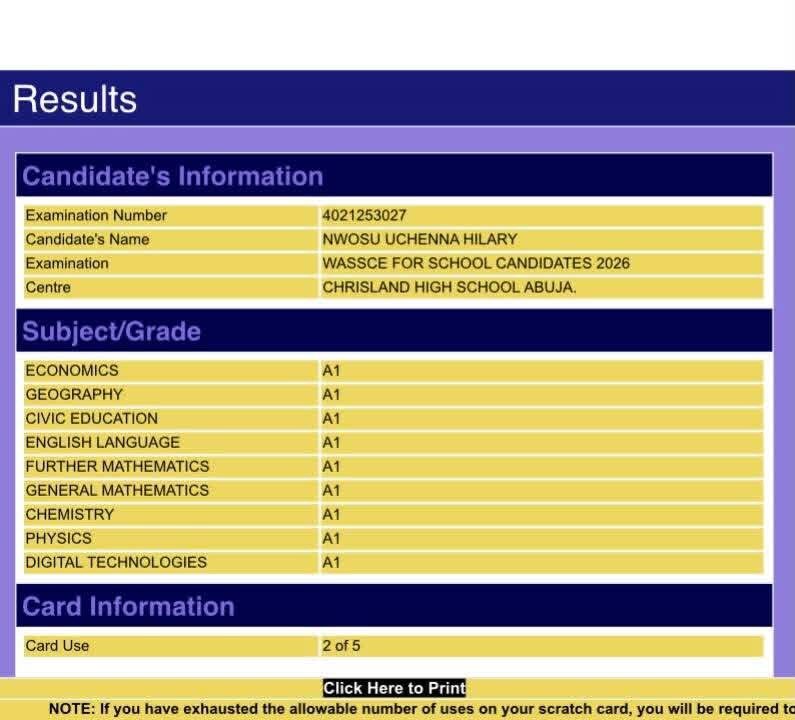 Abuja Student Nwosu Uchenna Hilary Scores 9 A1s in 2026 WASSCE